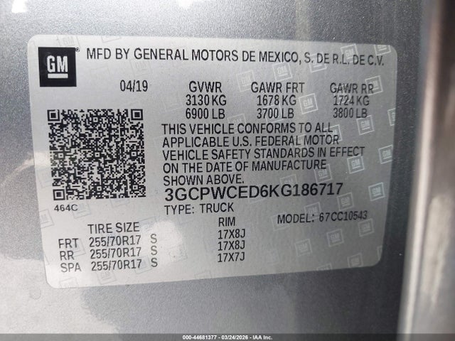 3GCPWCED6KG186717 Chevrolet Silverado 1500 Lt