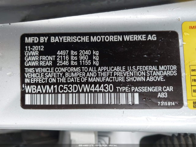 44681378 :رقم المزاد ، WBAVM1C53DVW44430 vin ، 2013 Bmw X1 Sdrive28i مزاد بيع