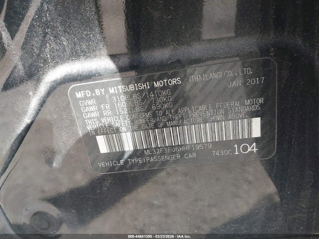 Продаж на аукціоні авто 2017 Mitsubishi Mirage G4 Es, vin: ML32F3FJ6HHF19579, номер лоту: 44681390