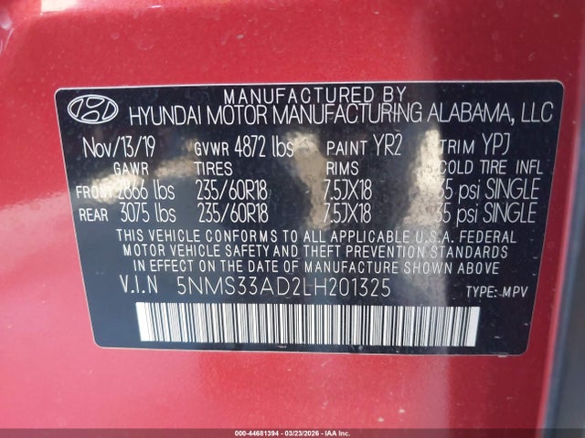 Hyundai Santa Fe Sel 2020 5NMS33AD2LH201325 Image 9