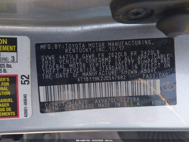 2018 Toyota Camry Se მანქანა იყიდება აუქციონზე, vin: 4T1B11HK2JU547682, აუქციონის ნომერი: 44681393