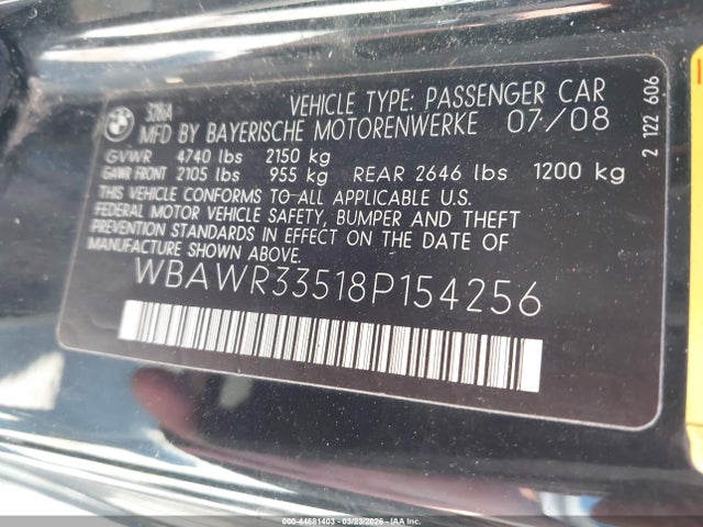 Aukcja sprzedaży 2008 Bmw 328i, vin: WBAWR33518P154256, numer aukcji: 44681403