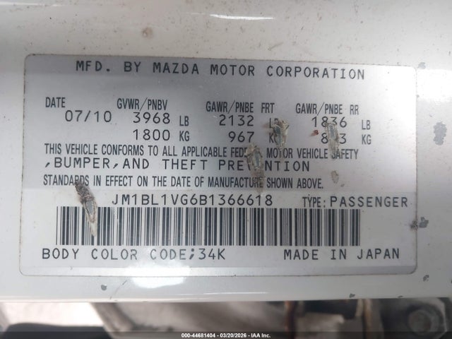 44681404 :رقم المزاد ، JM1BL1VG6B1366618 vin ، 2011 Mazda Mazda3 I Touring مزاد بيع
