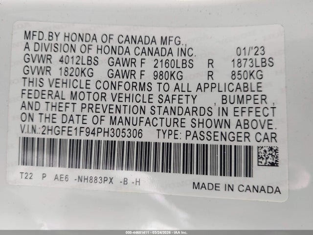 2HGFE1F94PH305306 Honda Civic Touring