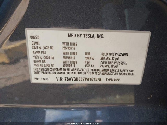 44681437 :رقم المزاد ، 7SAYGDEE7PA161578 vin ، 2023 Tesla Model Y Awd/long Range Dual Motor All-wheel Drive مزاد بيع