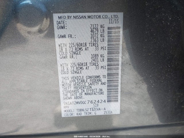44681440 :رقم المزاد ، 5N1AT2MV0GC762424 vin ، 2016 Nissan Rogue Sl مزاد بيع