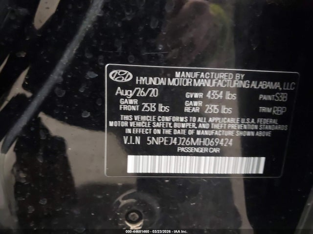 44681460 :رقم المزاد ، 5NPEJ4J26MH069424 vin ، 2021 Hyundai Sonata Sel Plus مزاد بيع