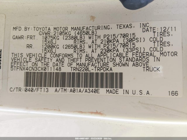 Продажа на аукционе авто 2012 Toyota Tacoma, vin: 5TFNX4CN3CX011148, номер лота: 44681481