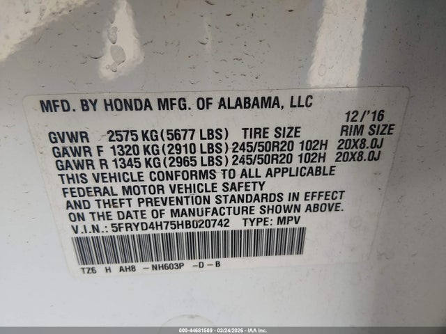 44681509 :رقم المزاد ، 5FRYD4H75HB020742 vin ، 2017 Acura Mdx Technology   Entertainment Pkgs مزاد بيع