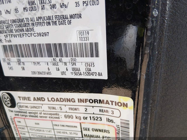 2012 Ford F-150 Fx4 მანქანა იყიდება აუქციონზე, vin: 1FTFW1EF7CFC39297, აუქციონის ნომერი: 44681510
