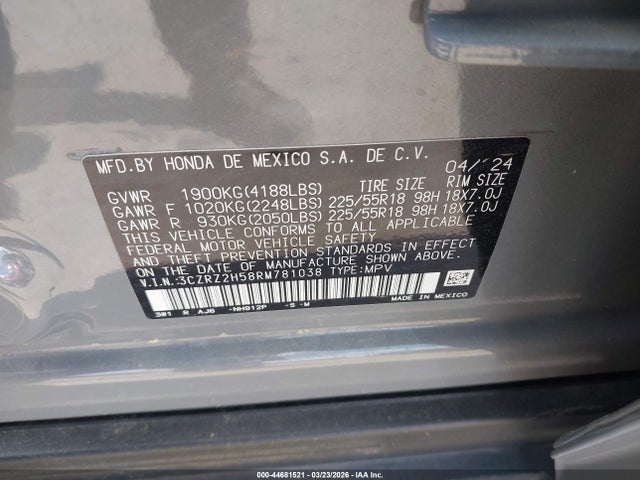 44681521 :رقم المزاد ، 3CZRZ2H58RM781038 vin ، 2024 Honda Hr-v Awd Sport/awd Sport W/o Bsi مزاد بيع