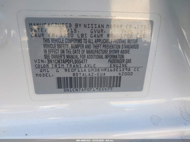 Nissan Versa 1.6 S+ 2015 3N1CN7AP0FL955477 Image 9