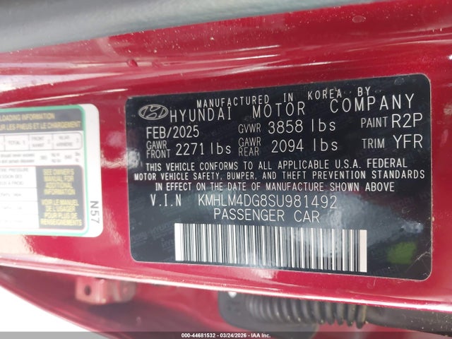 Auction sale of the 2025 Hyundai Elantra Sel Sport, vin: KMHLM4DG8SU981492, lot number: 44681532
