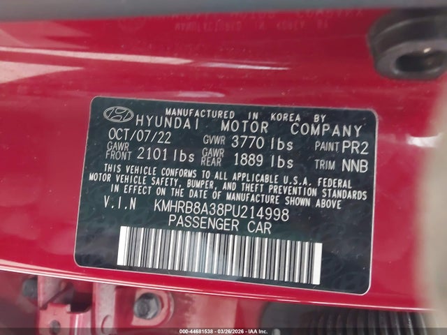 Aukcja sprzedaży 2023 Hyundai Venue Se, vin: KMHRB8A38PU214998, numer aukcji: 44681538