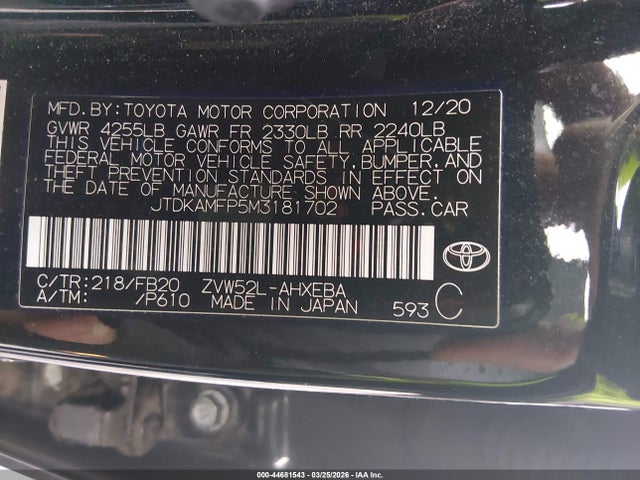 Продажа на аукционе авто 2021 Toyota Prius Prime Le, vin: JTDKAMFP5M3181702, номер лота: 44681543