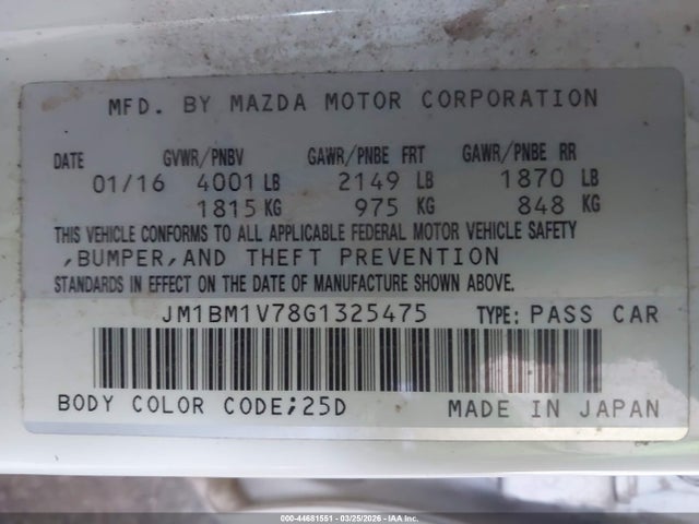 JM1BM1V78G1325475 Mazda Mazda3 I Touring