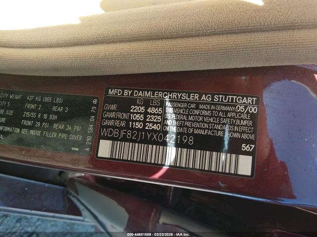Aukcja sprzedaży 2000 Mercedes-benz E 320 4m, vin: WDBJF82J1YX042198, numer aukcji: 44681589
