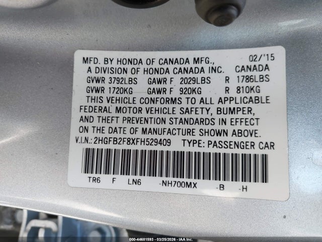 2HGFB2F8XFH529409 Honda CIVIC EX