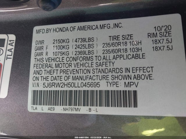 Aukcja sprzedaży 2020 Honda Cr-v Awd Ex, vin: 5J6RW2H50LL045695, numer aukcji: 44681594