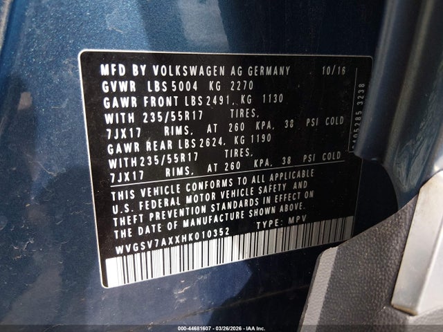 2017 Volkswagen Tiguan 2.0t Wolfsburg Edition მანქანა იყიდება აუქციონზე, vin: WVGSV7AXXHK010352, აუქციონის ნომერი: 44681607