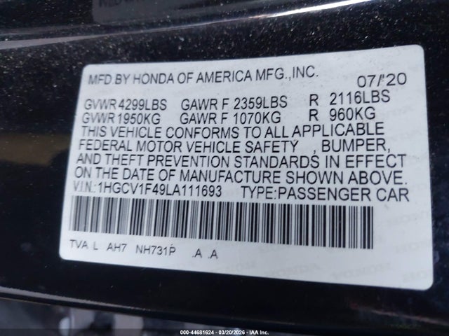 1HGCV1F49LA111693 Honda ACCORD EX