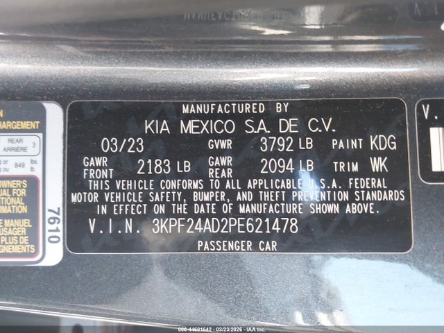 44681642 :رقم المزاد ، 3KPF24AD2PE621478 vin ، 2023 Kia Forte Lxs مزاد بيع