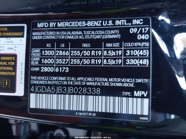 44681644 :رقم المزاد ، 4JGDA5JB3JB028338 vin ، 2018 Mercedes-benz Gle 350 مزاد بيع