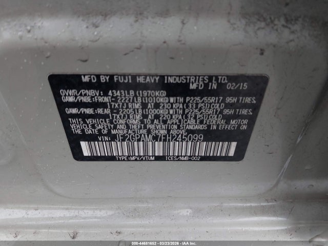 44681652 :رقم المزاد ، JF2GPAMC7FH245099 vin ، 2015 Subaru Xv Crosstrek 2.0i Limited مزاد بيع