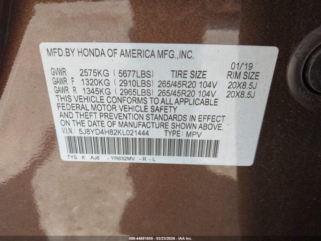 44681655 :رقم المزاد ، 5J8YD4H82KL021444 vin ، 2019 Acura Mdx Advance Pkg مزاد بيع