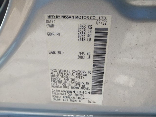 Продажа на аукционе авто 2022 Nissan Altima Sv Fwd, vin: 1N4BL4DV8NN410414, номер лота: 44681662