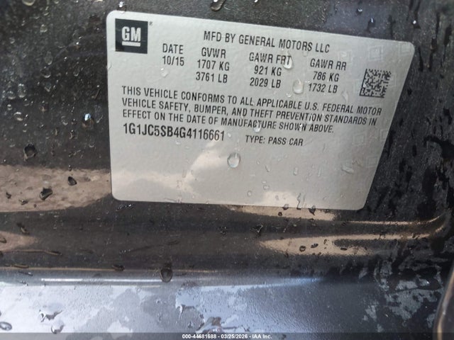 44681688 :رقم المزاد ، 1G1JC5SB4G4116661 vin ، 2016 Chevrolet Sonic Lt Auto مزاد بيع