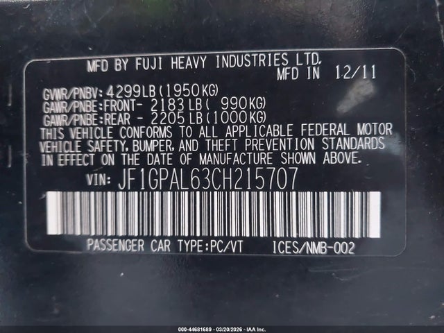 44681689 :رقم المزاد ، JF1GPAL63CH215707 vin ، 2012 Subaru Impreza 2.0i Sport Premium مزاد بيع