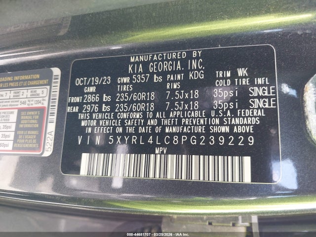 Продаж на аукціоні авто 2023 Kia Sorento S, vin: 5XYRL4LC8PG239229, номер лоту: 44681707