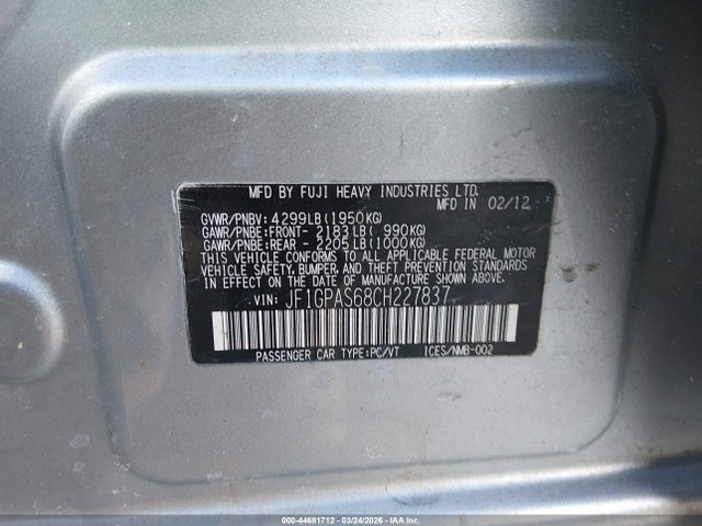 Продаж на аукціоні авто 2012 Subaru Impreza 2.0i Sport Limited, vin: JF1GPAS68CH227837, номер лоту: 44681712