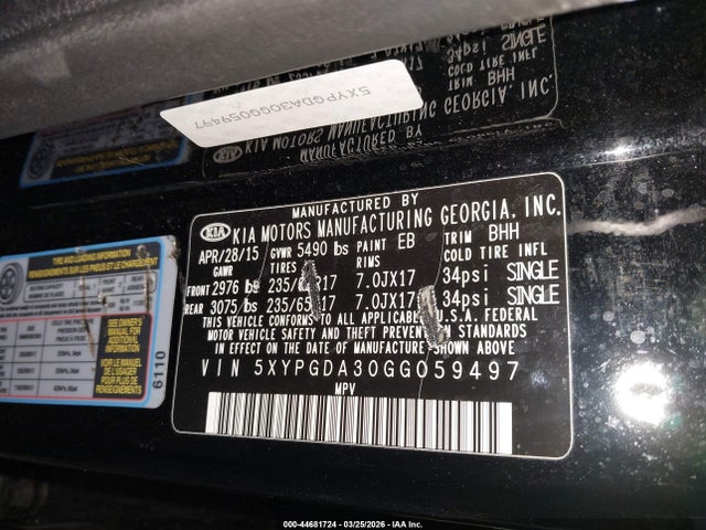 5XYPGDA30GG059497 KIA Sorento 2.4l Lx