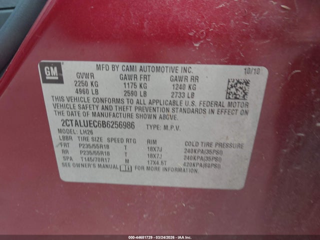 2011 Gmc Terrain Slt-1 მანქანა იყიდება აუქციონზე, vin: 2CTALUEC6B6256986, აუქციონის ნომერი: 44681729
