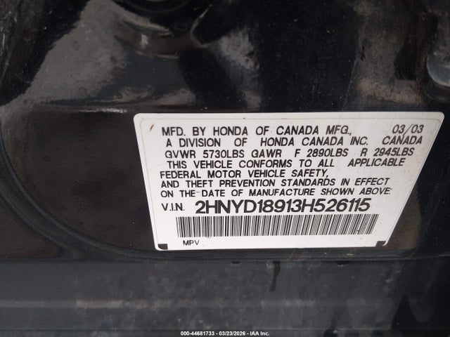 44681733 :رقم المزاد ، 2HNYD18913H526115 vin ، 2003 Acura Mdx مزاد بيع