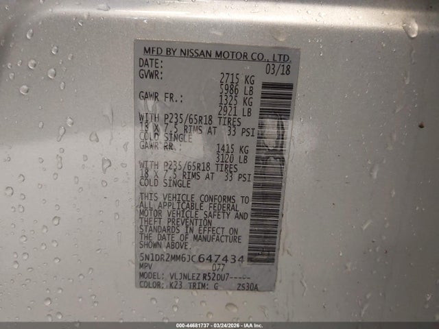 5N1DR2MM6JC647434 Nissan Pathfinder Sv