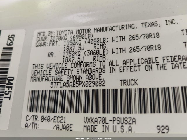 44681768 :رقم المزاد ، 5TFLA5AB5PX029082 vin ، 2023 Toyota Tundra Sr5 مزاد بيع