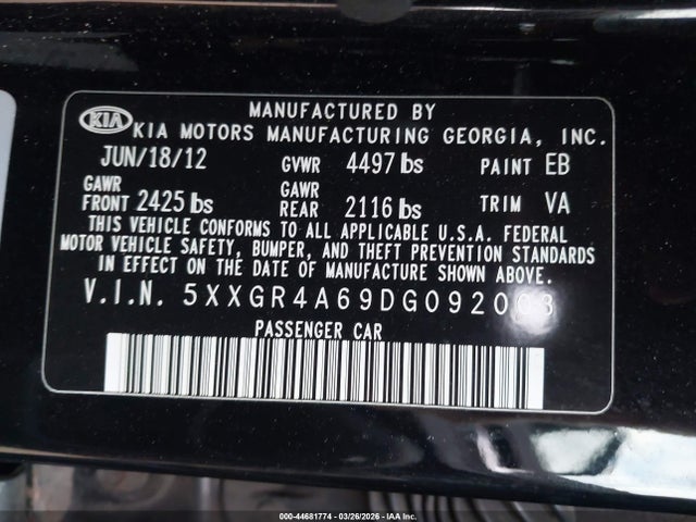Aukcja sprzedaży 2013 Kia Optima Sx, vin: 5XXGR4A69DG092003, numer aukcji: 44681774