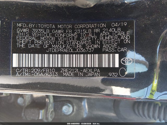 2020 Toyota Corolla Le მანქანა იყიდება აუქციონზე, vin: JTDEPRAE0LJ036737, აუქციონის ნომერი: 44681783