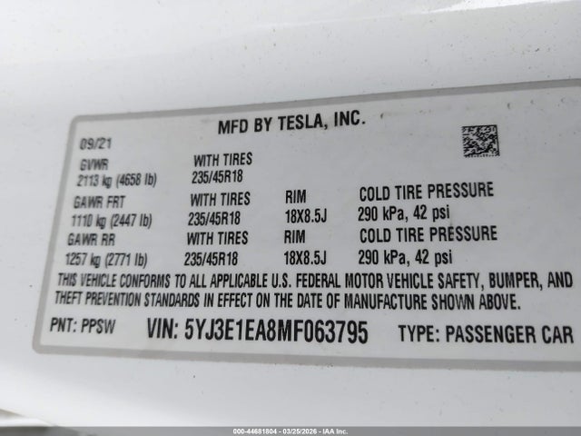 Aukcja sprzedaży 2021 Tesla Model 3 Standard Range Plus Rear-wheel Drive, vin: 5YJ3E1EA8MF063795, numer aukcji: 44681804