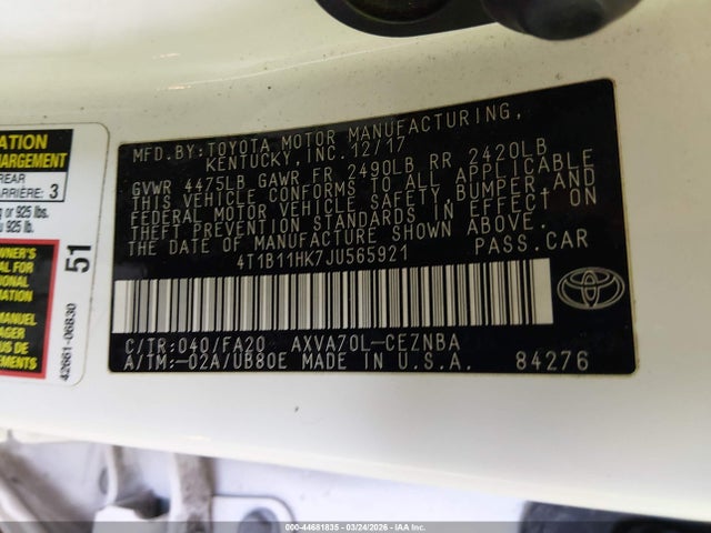 4T1B11HK7JU565921 Toyota CAMRY LE
