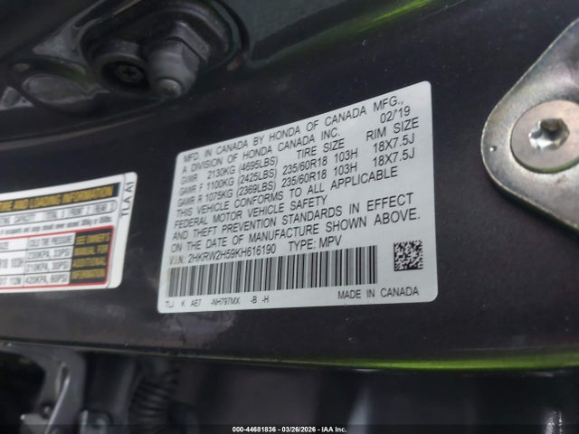 Продажа на аукционе авто 2019 Honda Cr-v Ex, vin: 2HKRW2H59KH616190, номер лота: 44681836