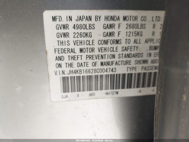 44681852 :رقم المزاد ، JH4KB16628C004743 vin ، 2008 Acura Rl 3.5 مزاد بيع