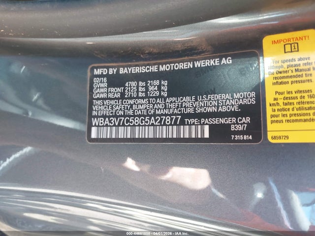 Aukcja sprzedaży 2016 Bmw 428i, vin: WBA3V7C58G5A27877, numer aukcji: 44681858