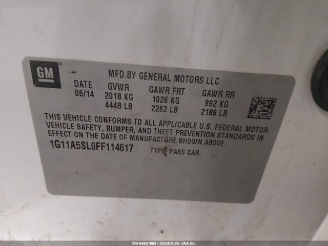 2015 Chevrolet Malibu 1fl მანქანა იყიდება აუქციონზე, vin: 1G11A5SL0FF114617, აუქციონის ნომერი: 44681863