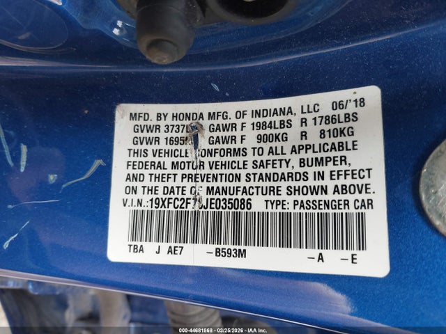 Aukcja sprzedaży 2018 Honda Civic Ex, vin: 19XFC2F78JE035086, numer aukcji: 44681868