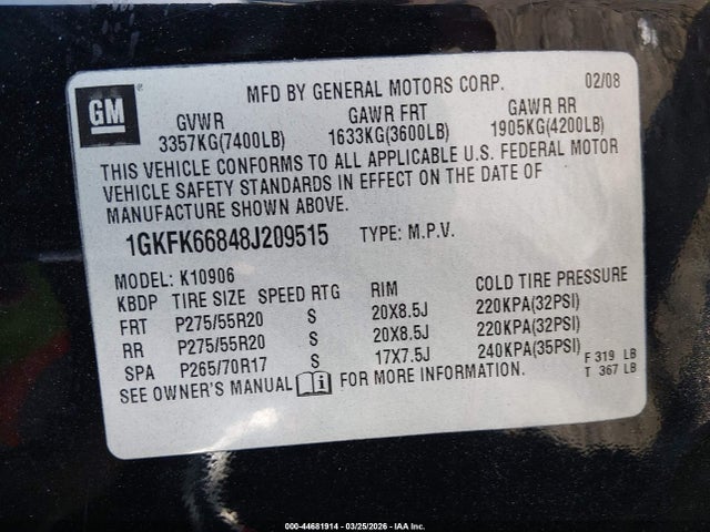 2008 Gmc Yukon Xl 1500 Denali მანქანა იყიდება აუქციონზე, vin: 1GKFK66848J209515, აუქციონის ნომერი: 44681914