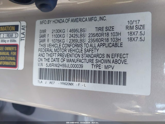 5J6RW2H59JL000039 Honda CR-V EX